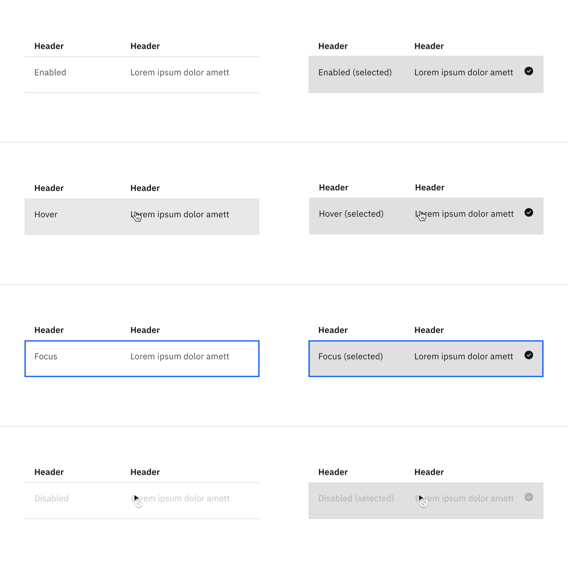 Selectable structured list interactive states with the feature flag disabled